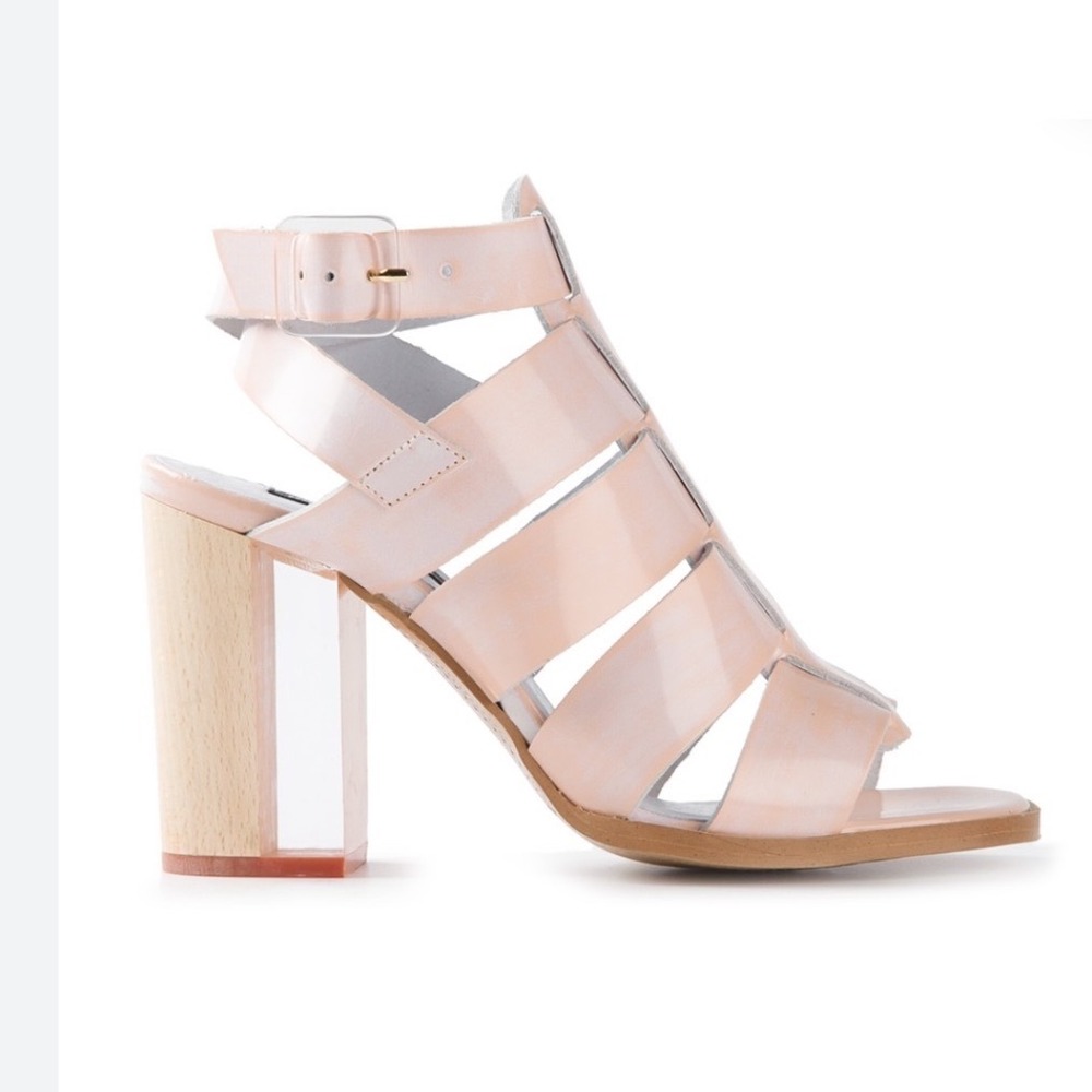 Miista Isabella Blush Pink Leather Cage Sandals Lucite Wood Block Heel 36 Spain - Picture 13 of 13